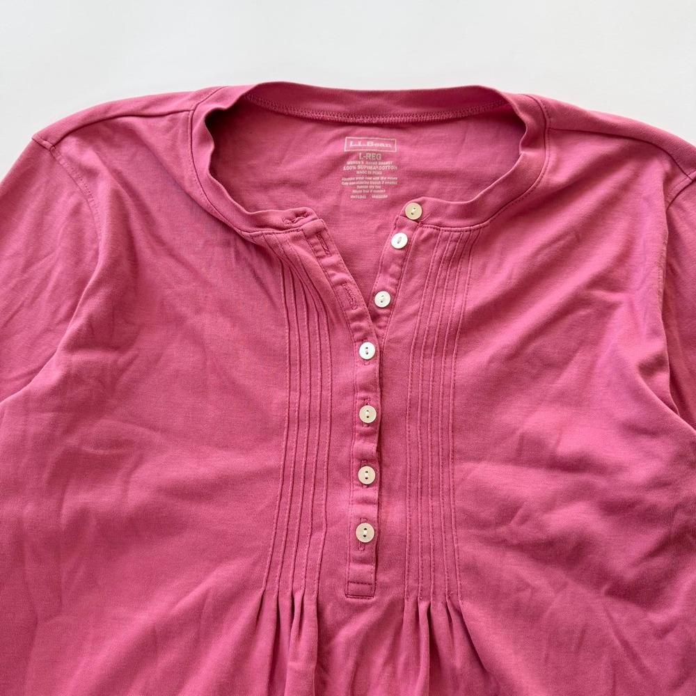 L.L.Bean Women's Large Regular Pink Cotton Pintuck Henley Top